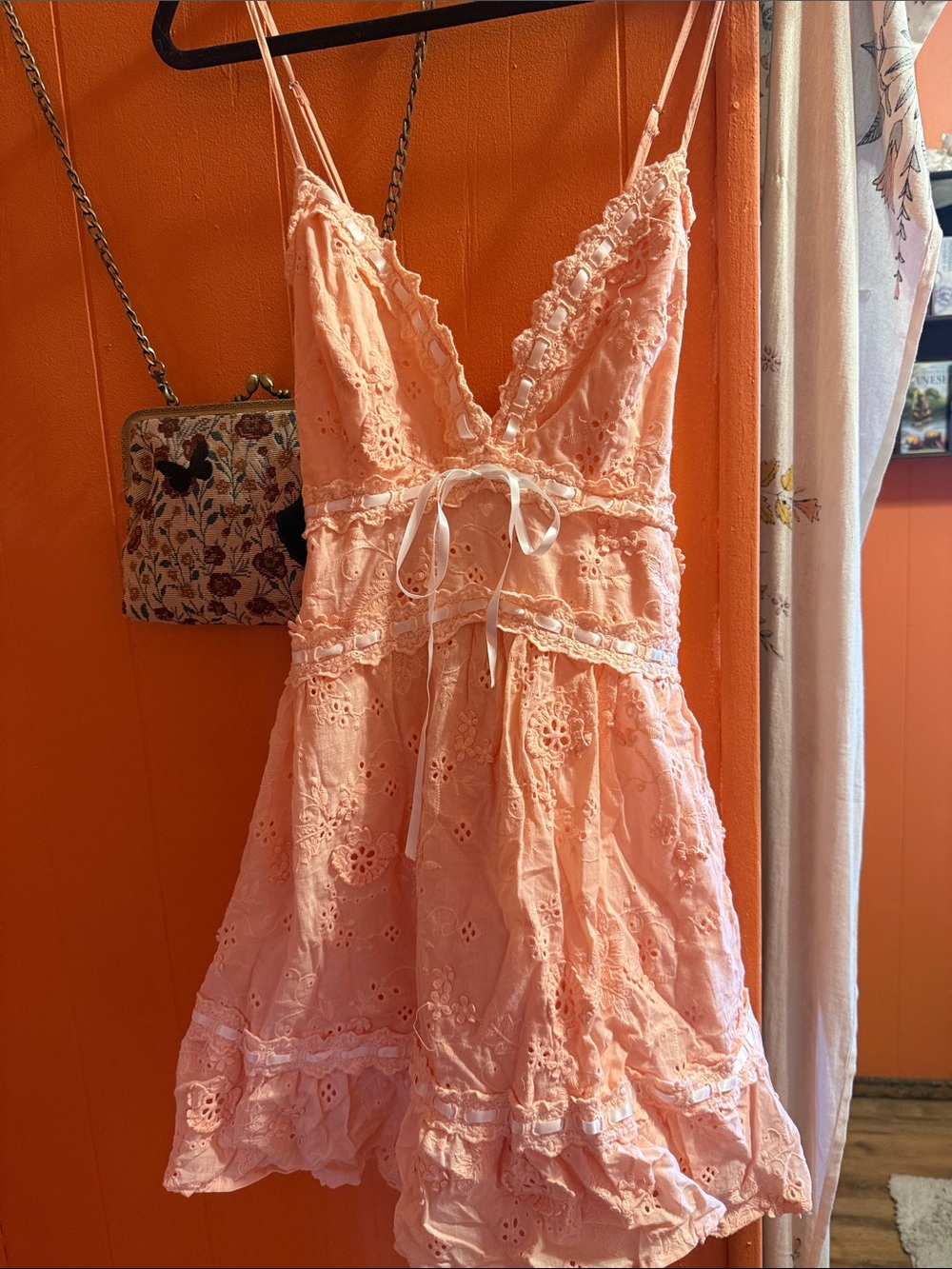 Sugar Thrillz Peach Lace Eyelet Mini Dress